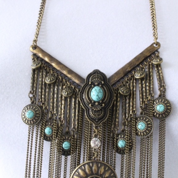 New Boho Statement Necklace Brass Turquoise - Picture 3 of 8